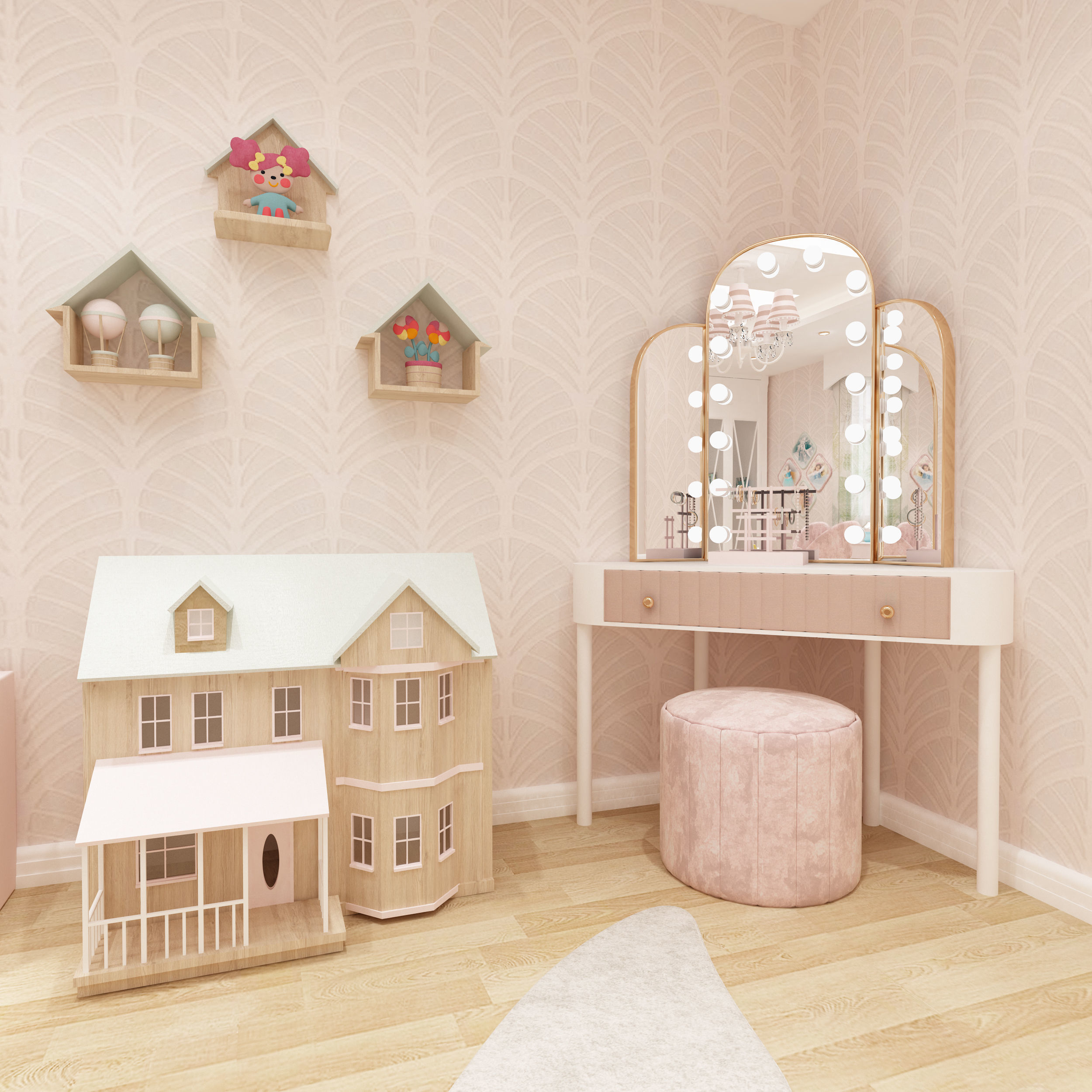 Girls bedroom interior design 3D model_11