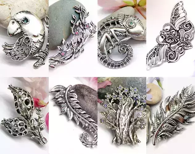 A collection of 8 brooches 3d models Bird Chameleon Three Twig 3D print model