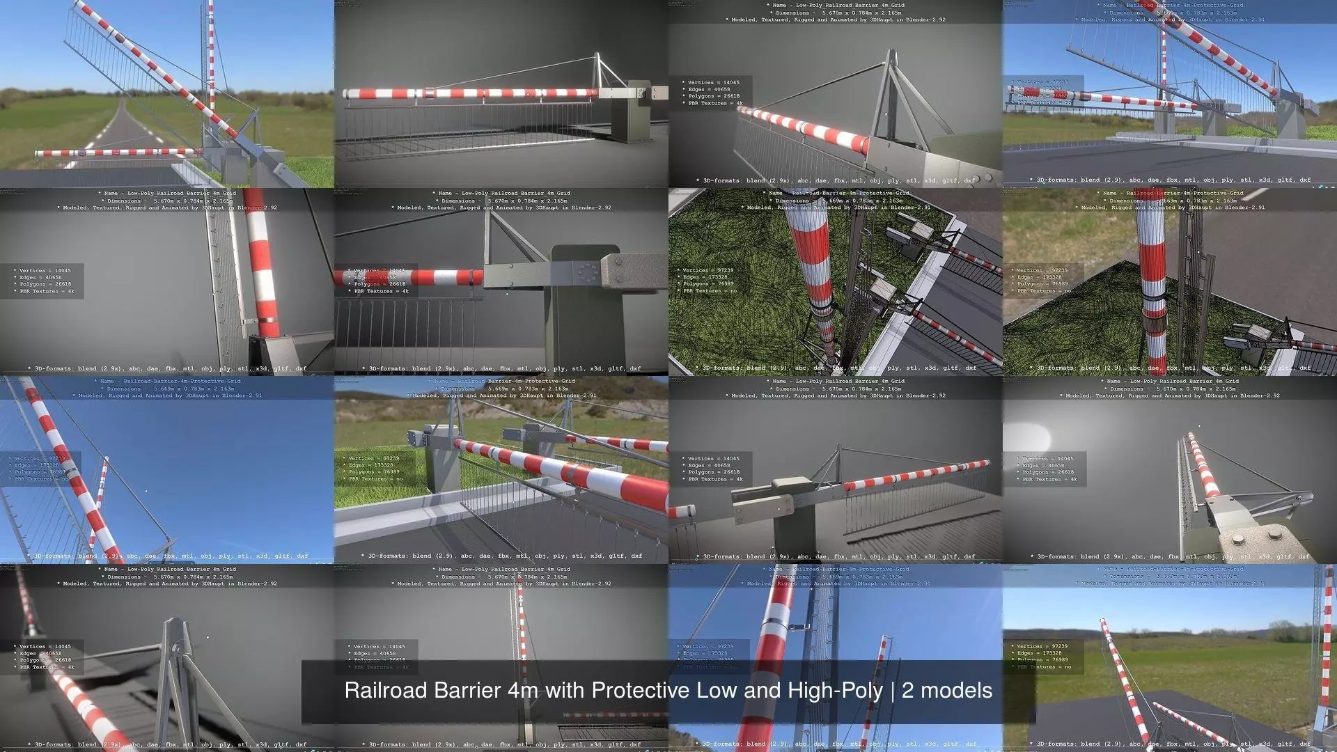 Railroad Barrier 4m with Protective Low and High-Poly 3D Model Collection_0