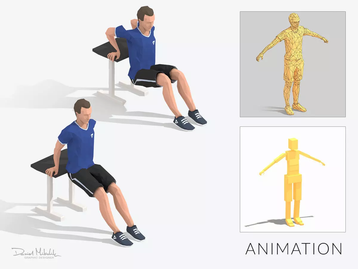 Chair Pushups Exercise Man Animation Low-poly 3D model