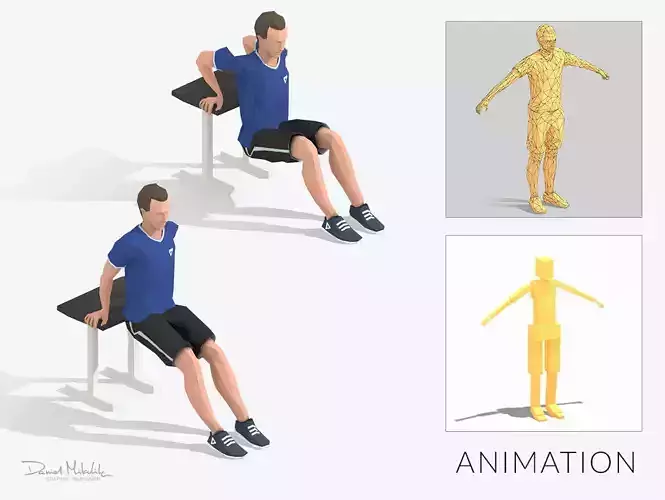 Chair Pushups Exercise Man Animation Low-poly 3D model