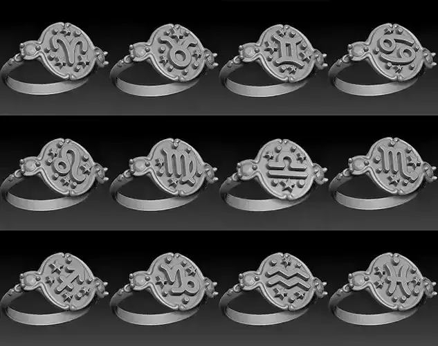 Zodiac signs ring set 3D model for printing Horoscope jewelry 3D print model