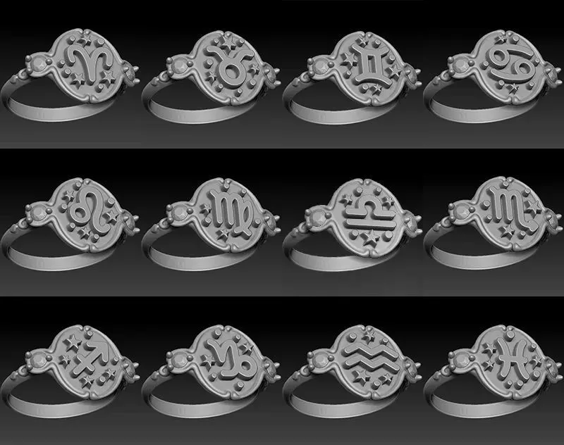 Zodiac signs ring set 3D model for printing Horoscope jewelry 3D print model_0