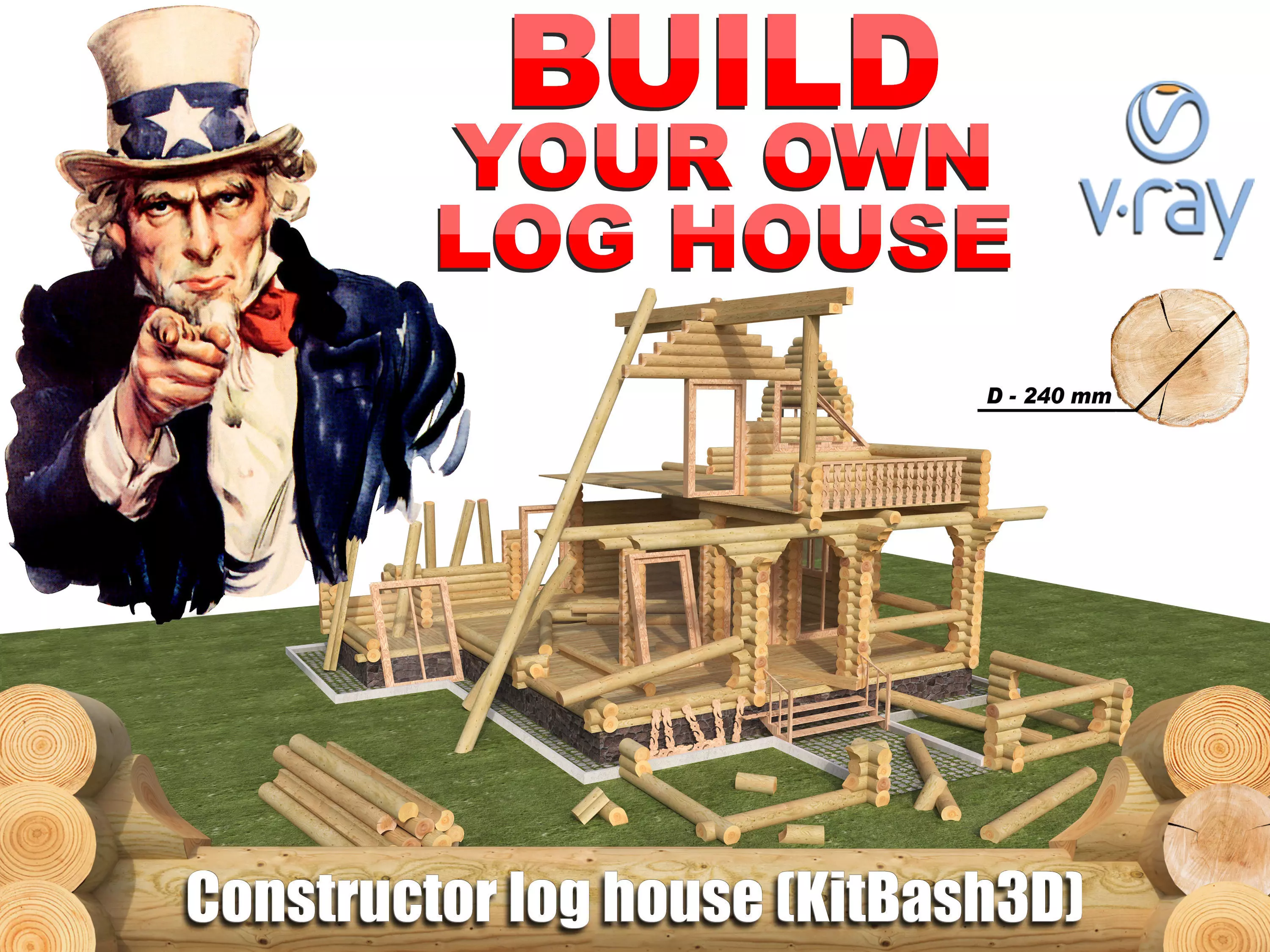 Log house constructor kitbash 3D model_0