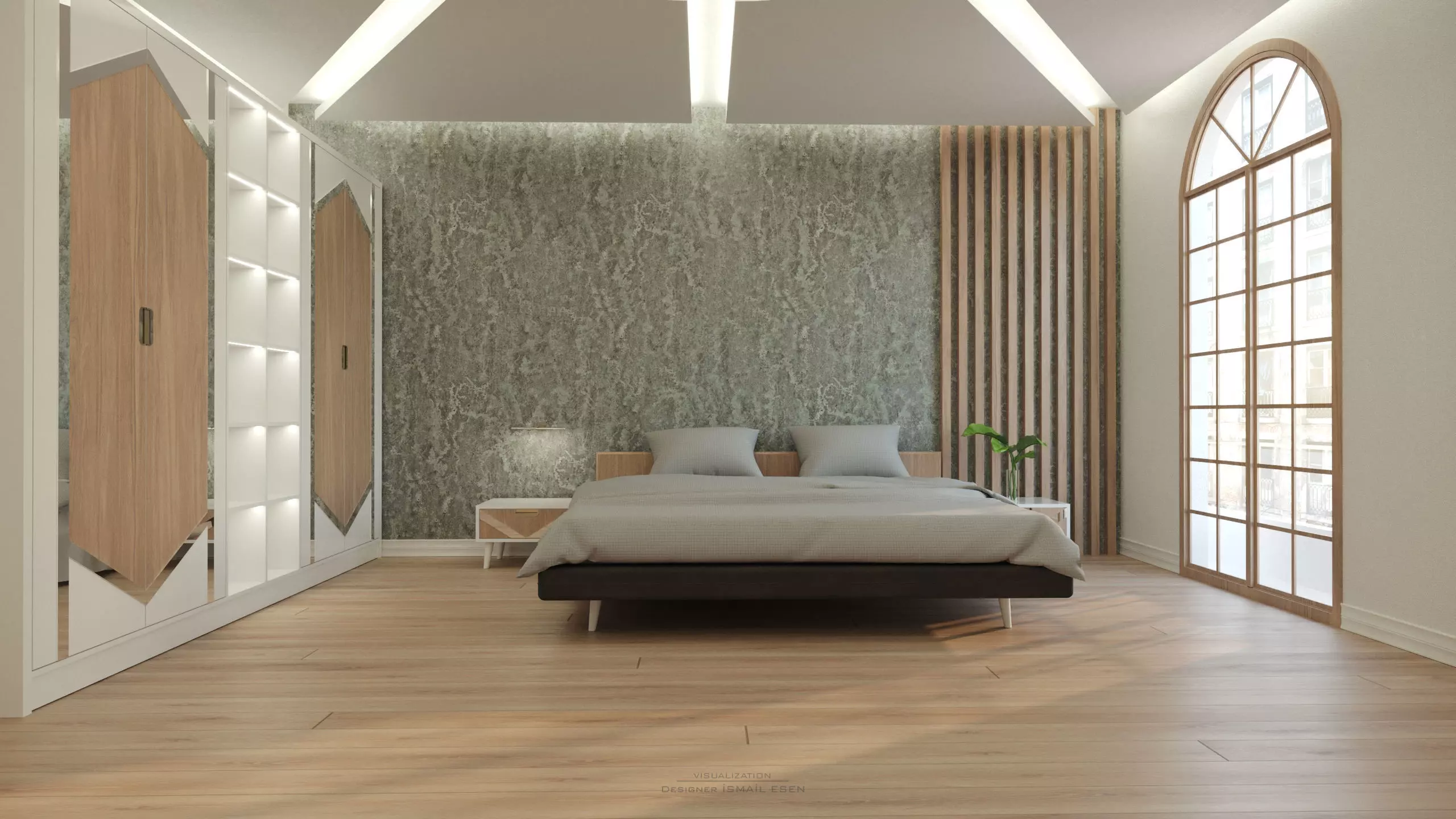 Bedroom with wooden floors and arched ceiling 3D model_0