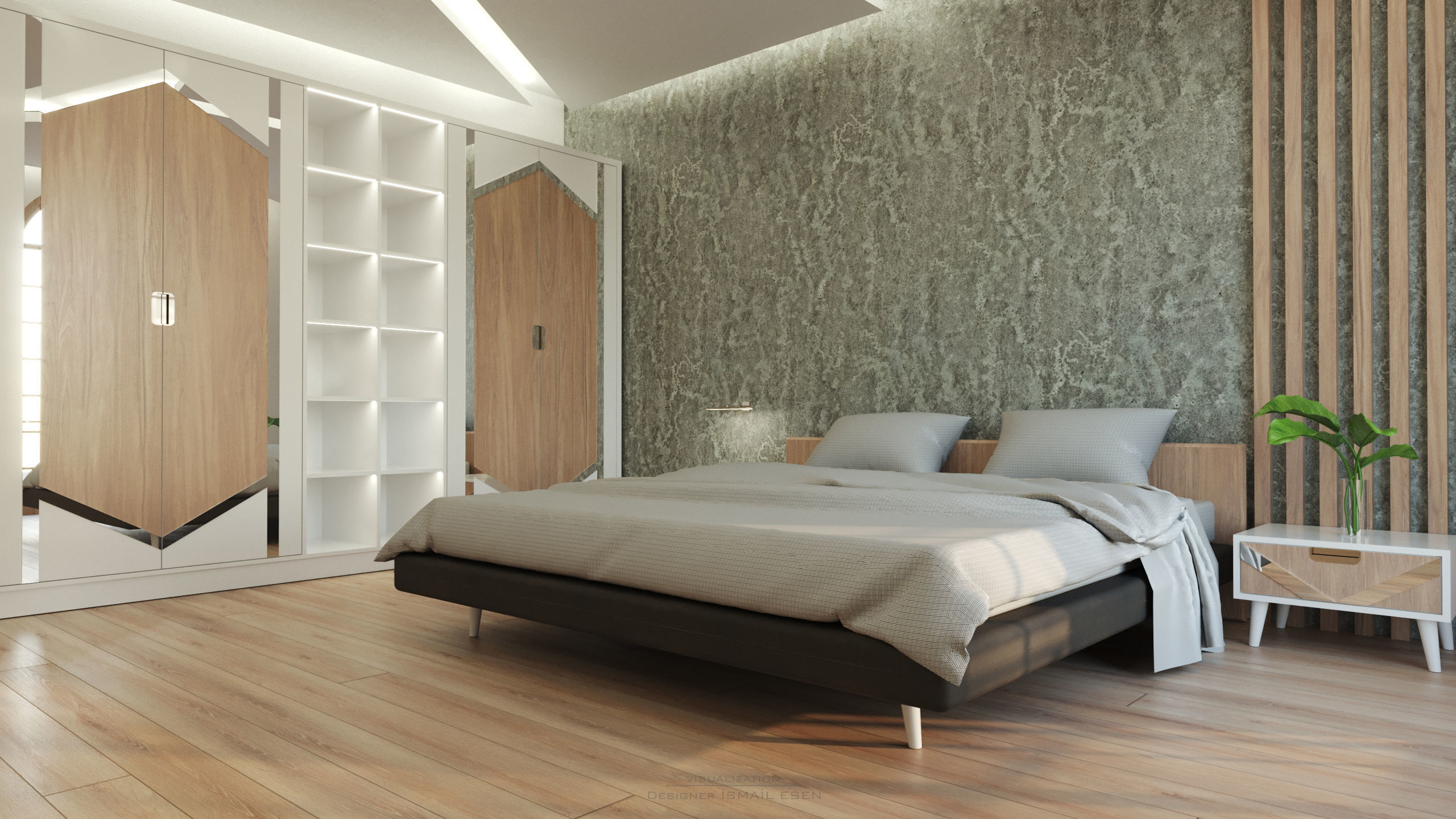 Bedroom with wooden floors and arched ceiling 3D model_1