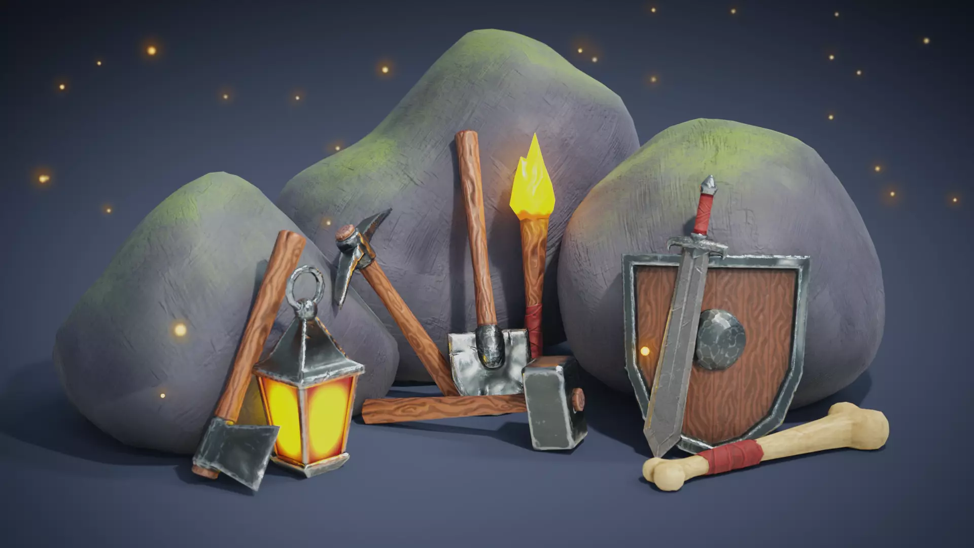 Basic RPG Game Tools and Weapons set Low-poly 3D model_0
