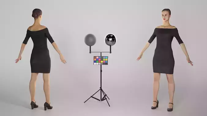 Young woman in little black dress in A-pose 270 Low-poly 3D model