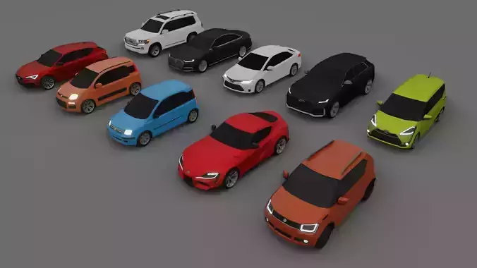 collection of 10 low poly cars 3D models