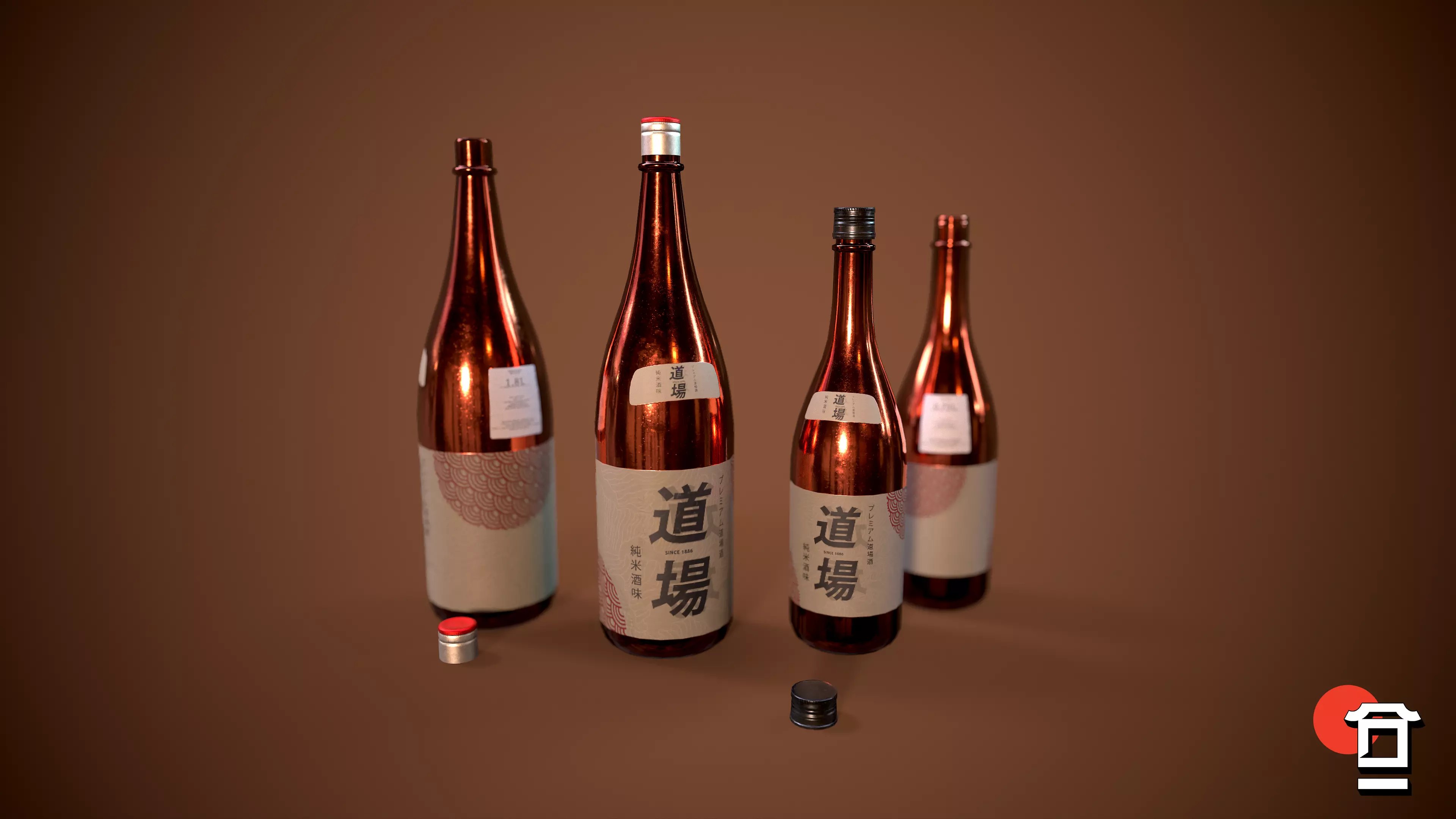 Alcohol Sake Bottle Set - 180cl - 75cl - PBR Game Ready - Low-poly 3D model_0