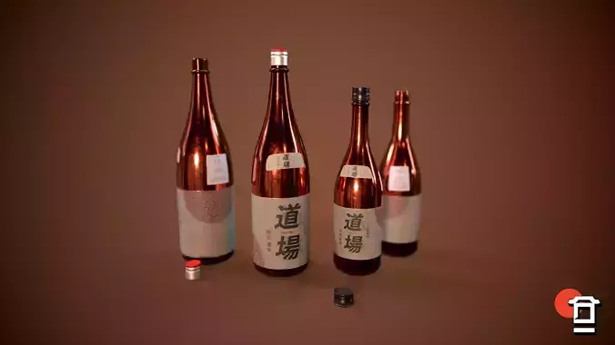 Alcohol Sake Bottle Set - 180cl - 75cl - PBR Game Ready - Low-poly 3D model