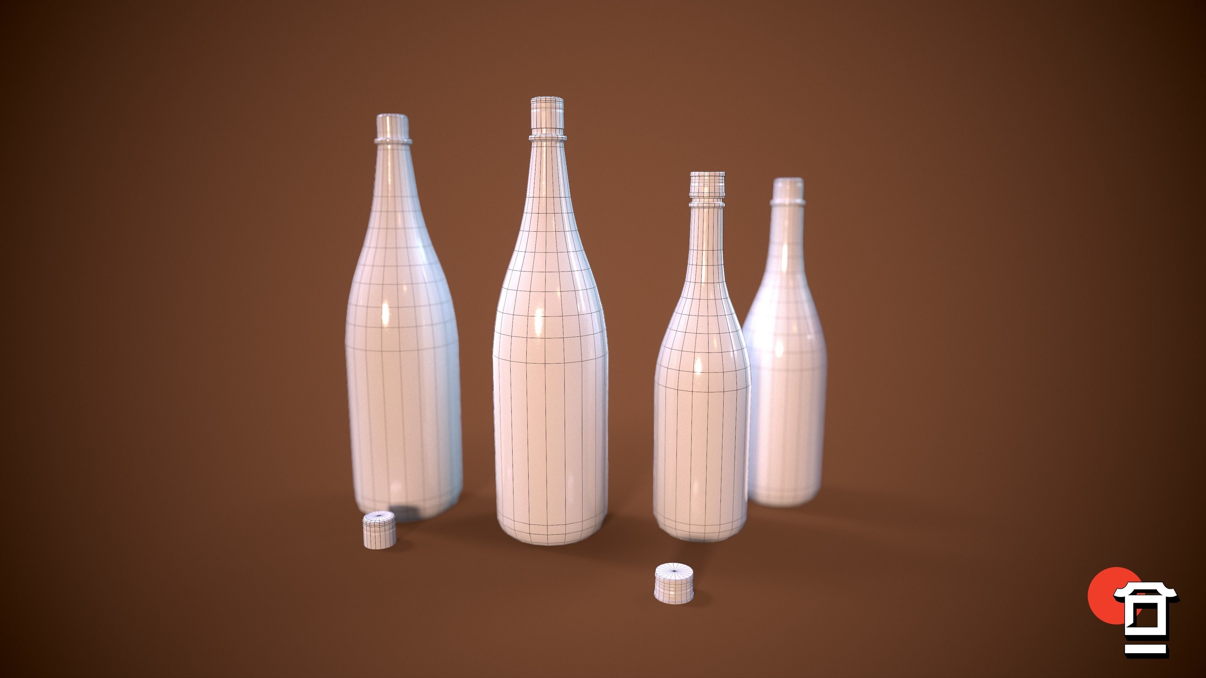 Alcohol Sake Bottle Set - 180cl - 75cl - PBR Game Ready - Low-poly 3D model_2