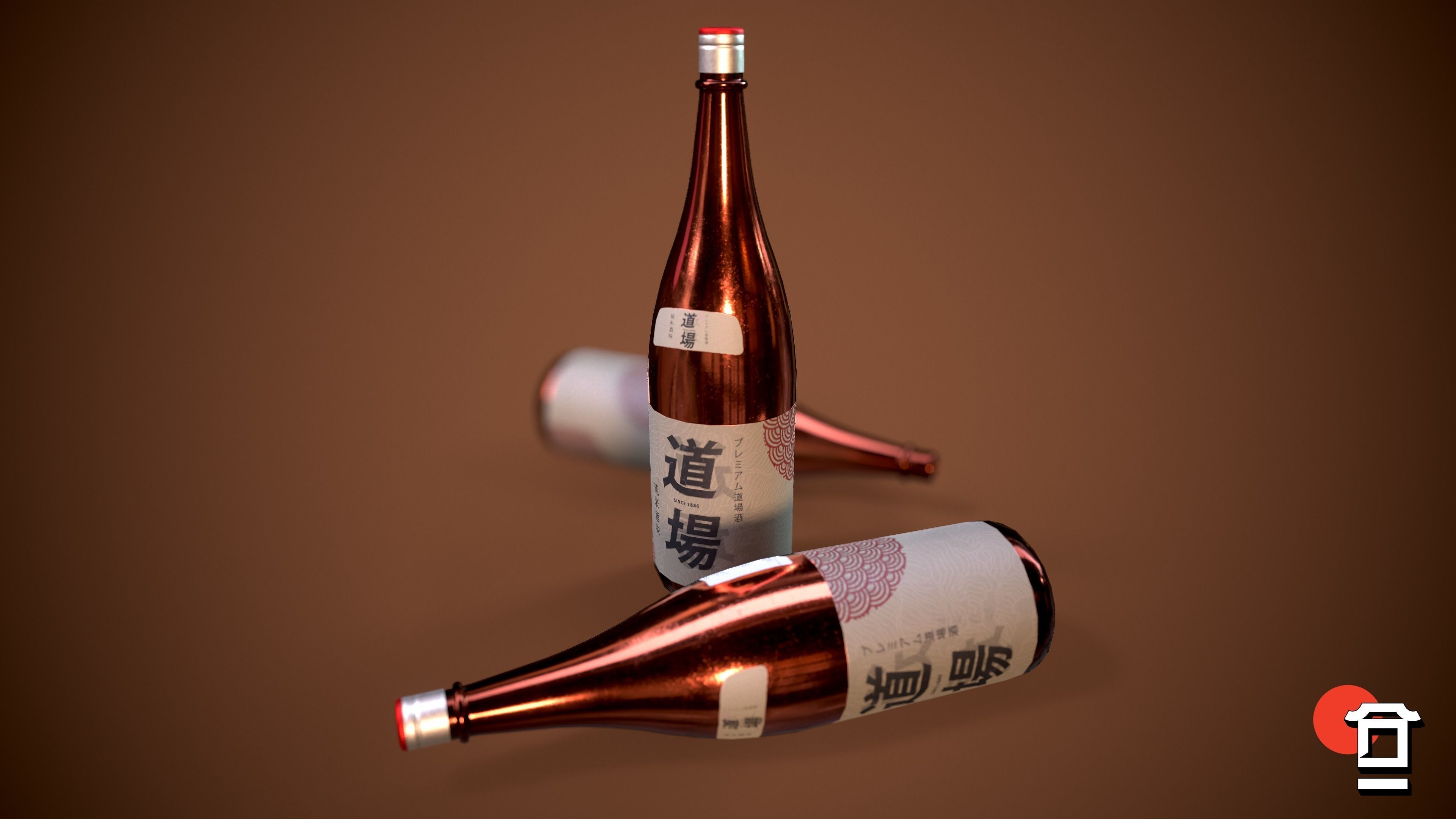 Alcohol Sake Bottle Set - 180cl - 75cl - PBR Game Ready - Low-poly 3D model_6