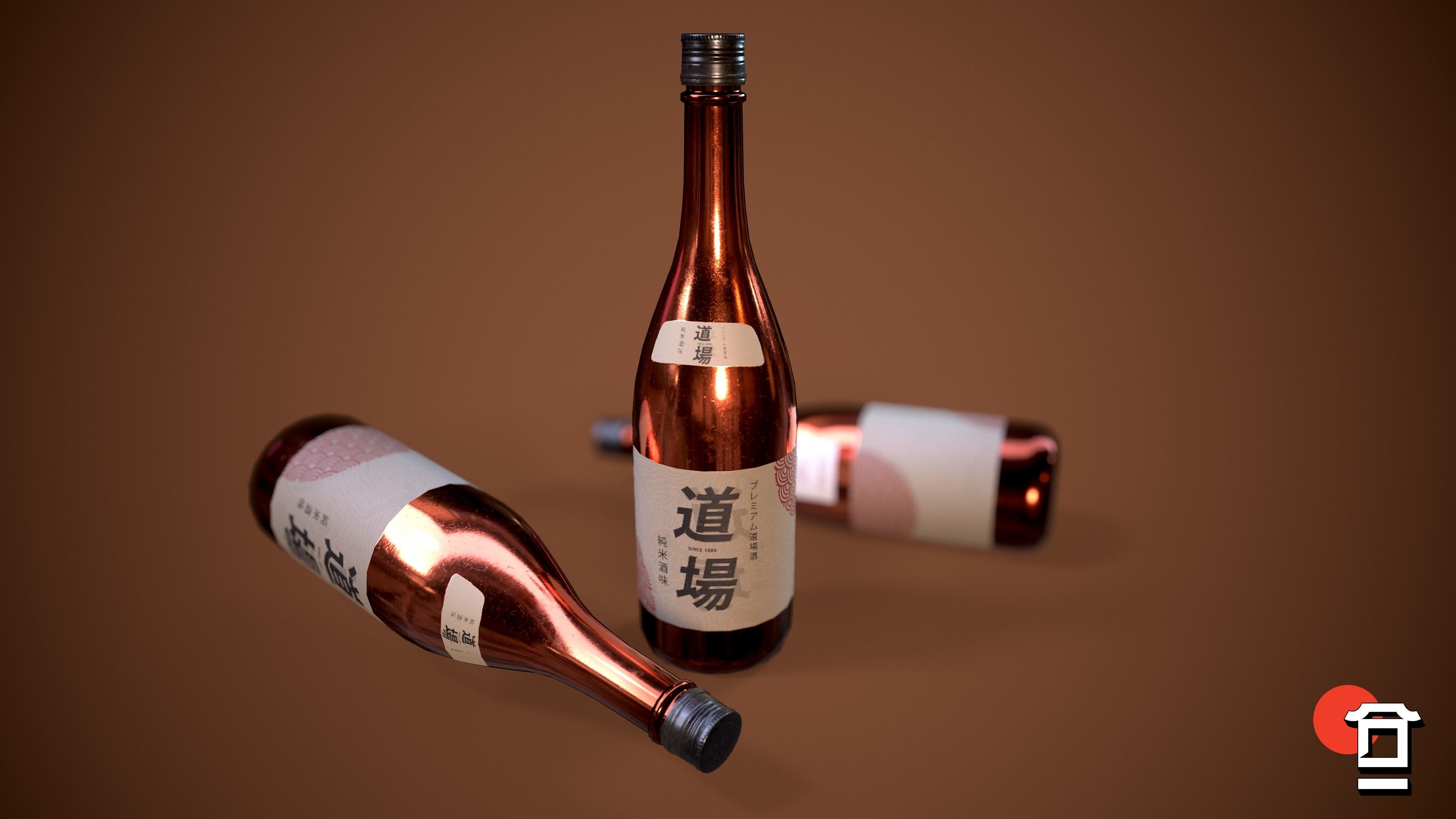 Alcohol Sake Bottle Set - 180cl - 75cl - PBR Game Ready - Low-poly 3D model_4