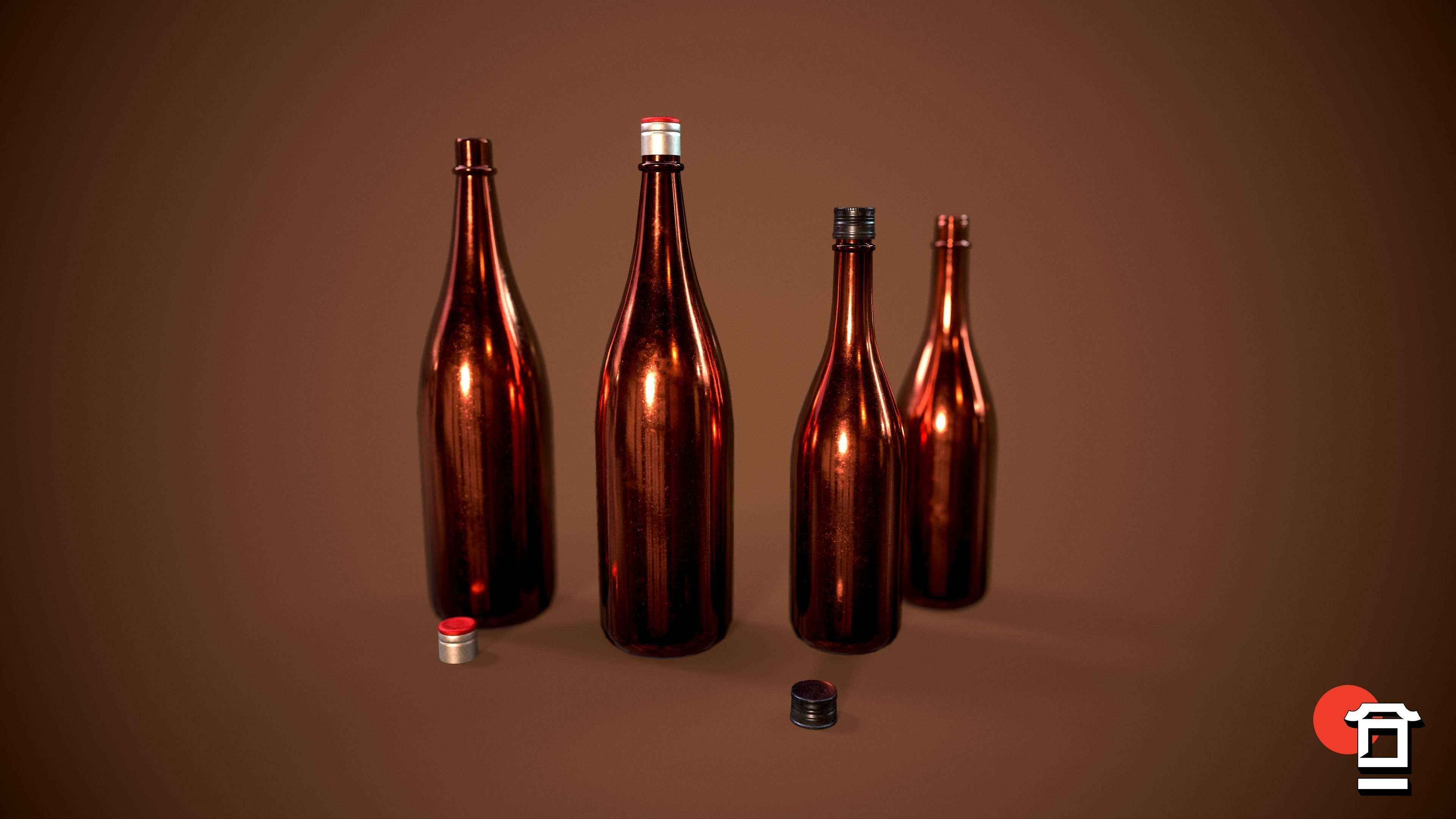 Alcohol Sake Bottle Set - 180cl - 75cl - PBR Game Ready - Low-poly 3D model_1