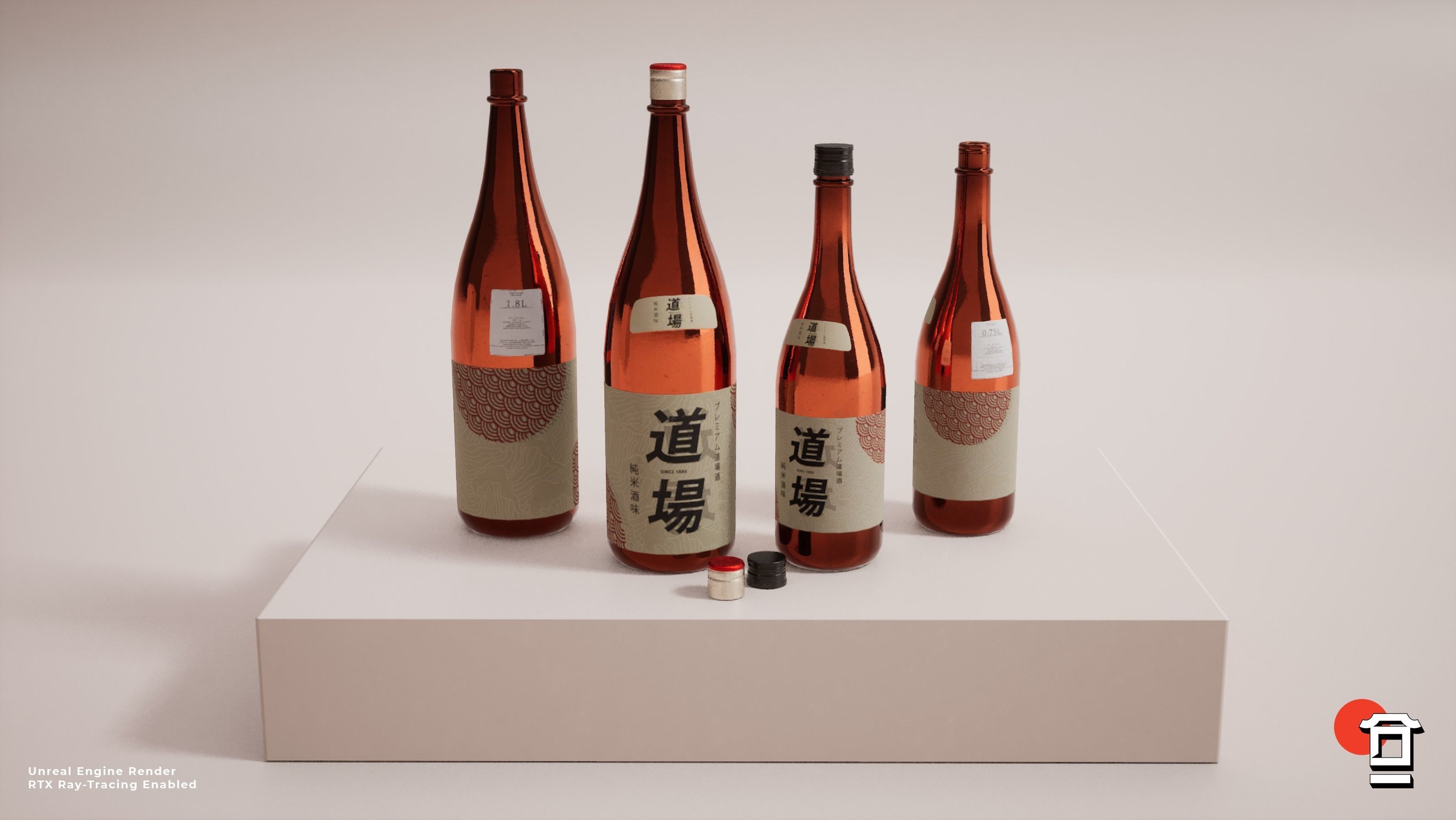 Alcohol Sake Bottle Set - 180cl - 75cl - PBR Game Ready - Low-poly 3D model_3