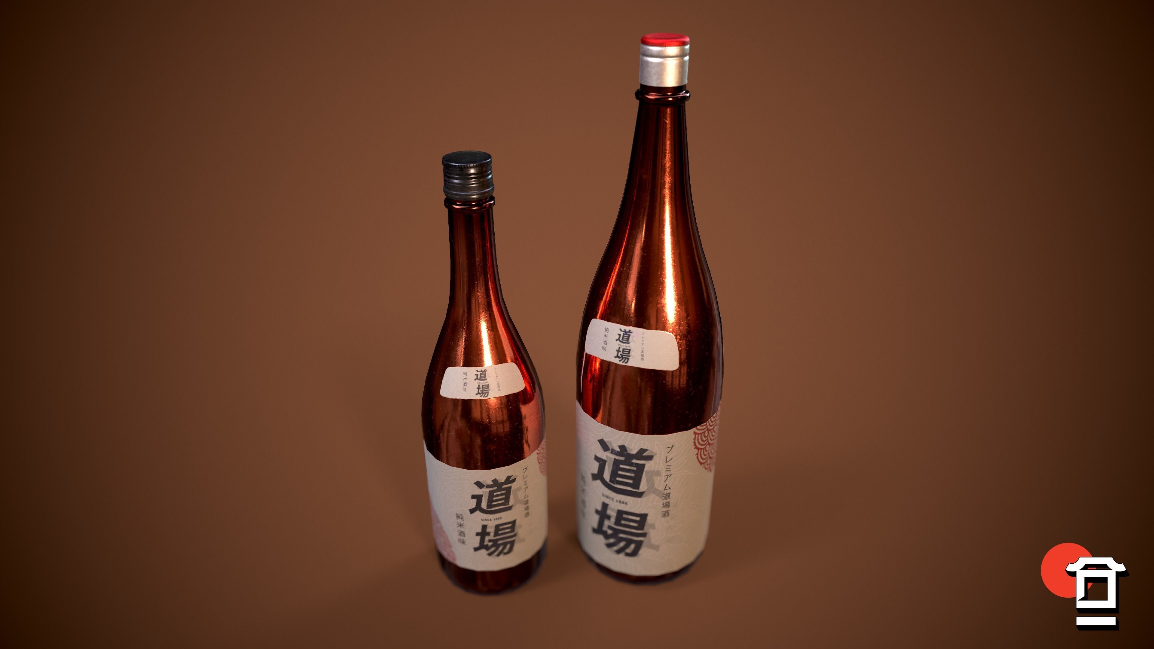 Alcohol Sake Bottle Set - 180cl - 75cl - PBR Game Ready - Low-poly 3D model_7