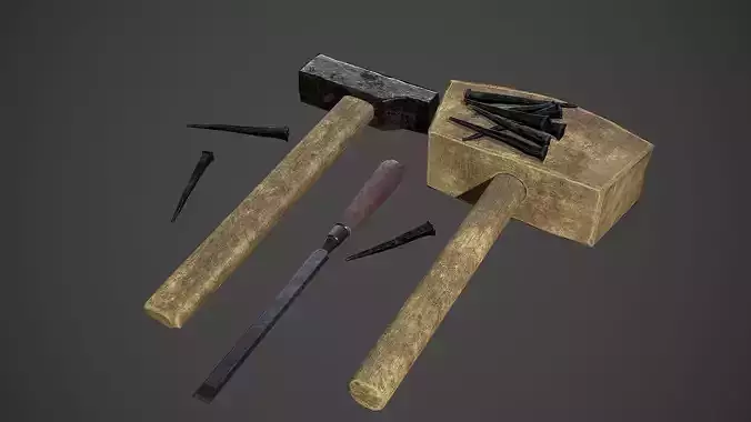  Lowpoly model of tools mallet hammer chisel nails