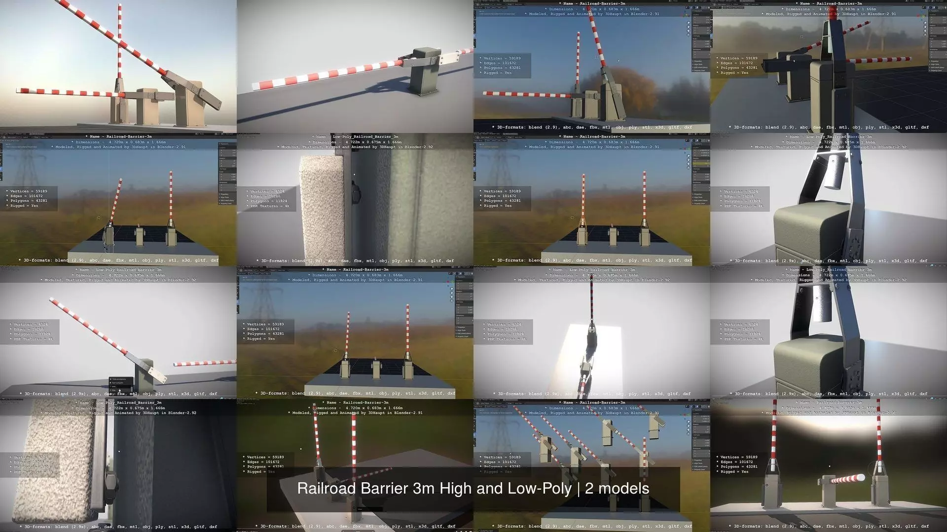 Railroad Barrier 3m High and Low-Poly 3D Model Collection_0