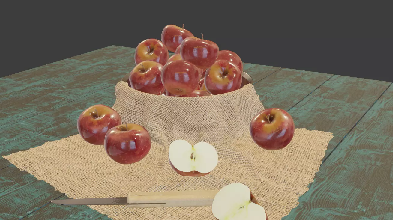 Apples on table with knife 3D model_0