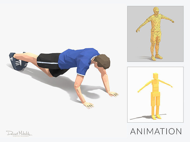Grasshoper PushUps Exercise Man Animation Low-poly 3D model