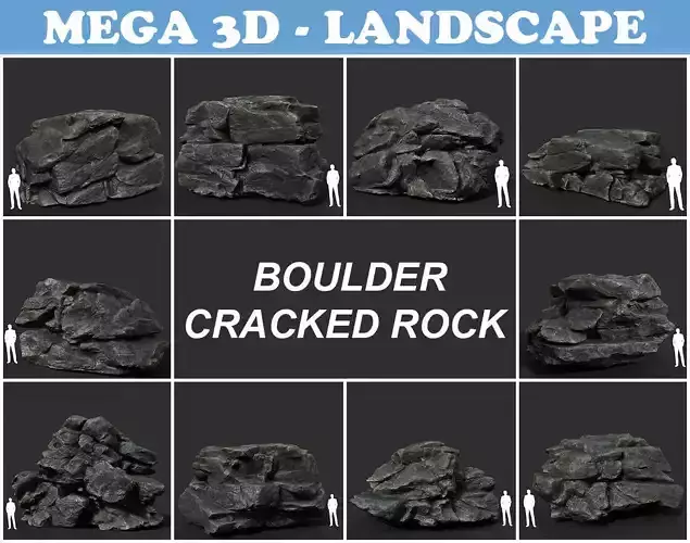 Black Boulder Cracked Rock Collection 210312 Low-poly 3D model