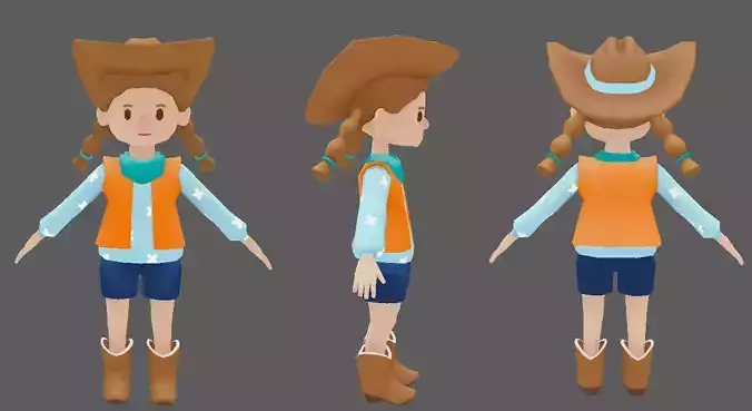 Rigged Cartoon Low Poly Cowgirl Character