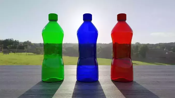 Bottles three colorful plastic on wooden table