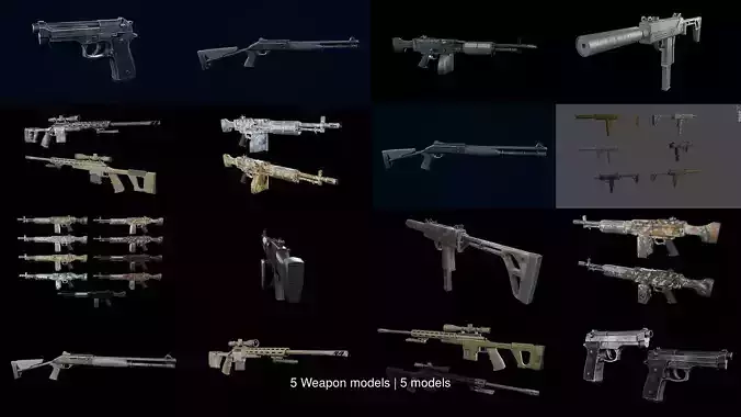 5 Weapon models 3D Model Collection