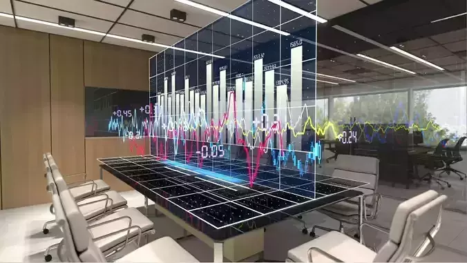 Office interior with animated stock charts 3D model