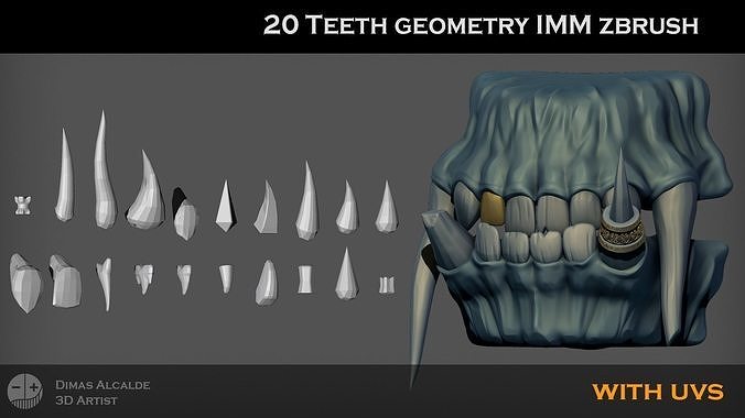 20 TEETH imm ZBRUSH Brush Shapes for OTHER softwares Have Uvs Low-poly 3D model