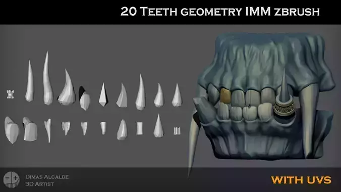 20 TEETH imm ZBRUSH Brush Shapes for OTHER softwares Have Uvs Low-poly 3D model