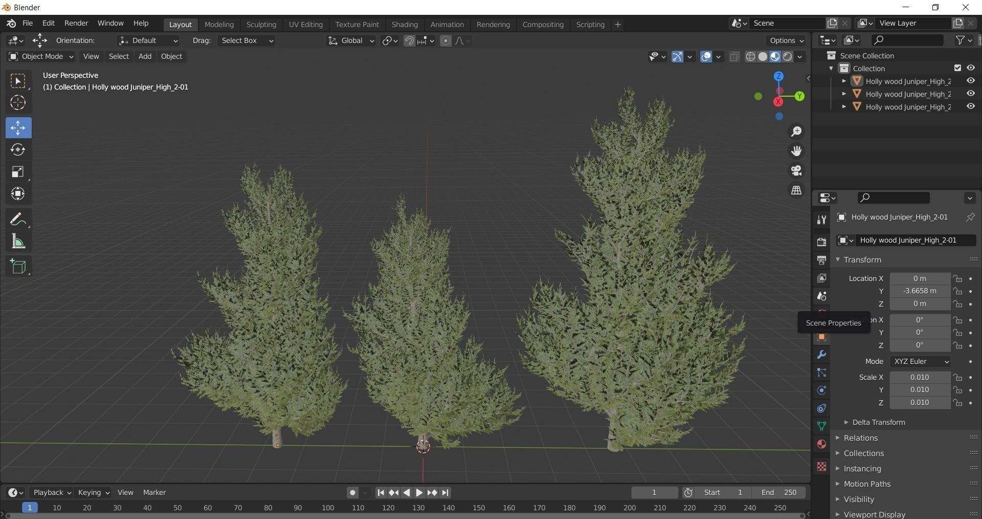 Holly wood Juniper tree collection 27  trees Models in the scene Low-poly 3D model_6