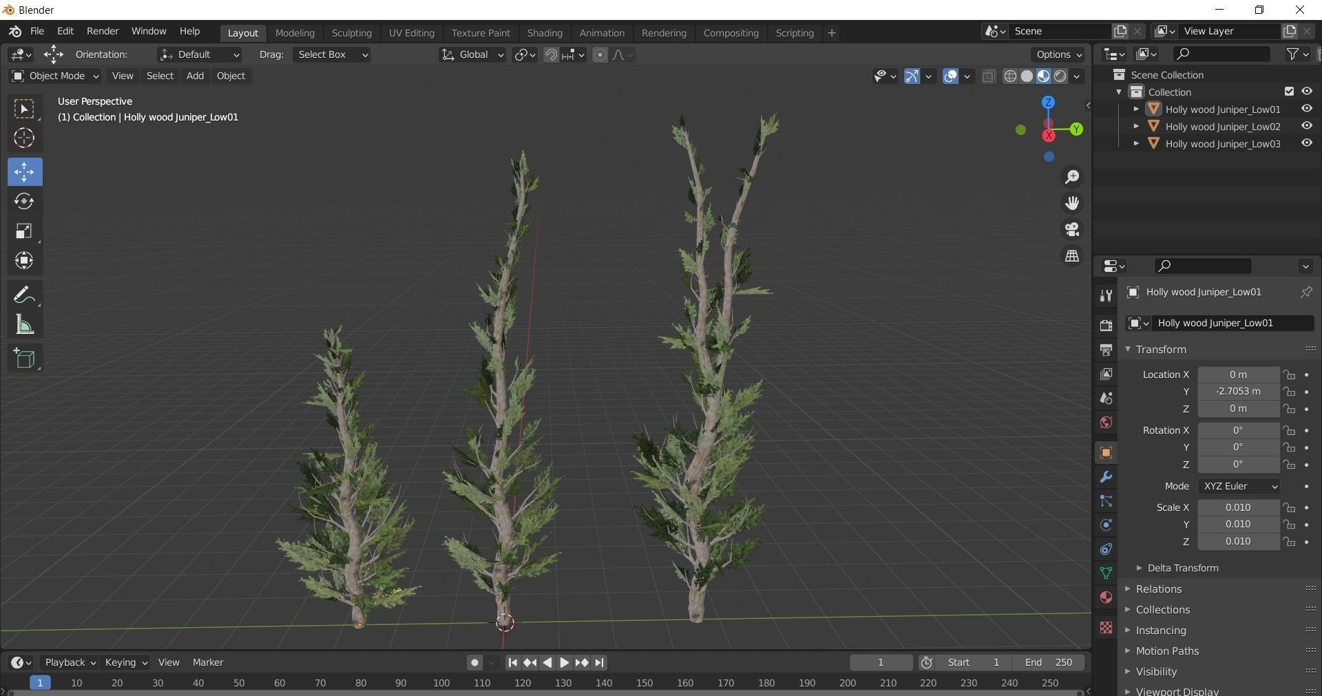 Holly wood Juniper tree collection 27  trees Models in the scene Low-poly 3D model_10