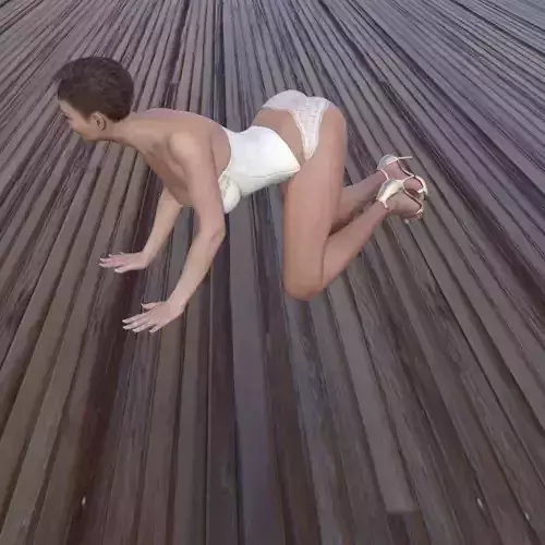 Girlcrawling woman jumping on wooden board