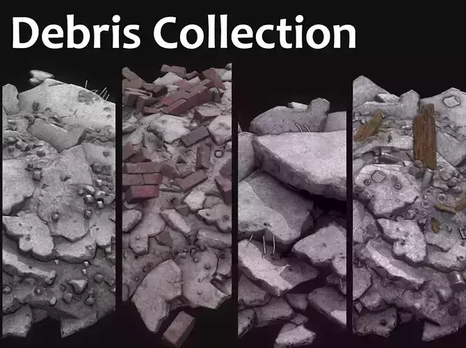 Piles of concrete debris and steel elements