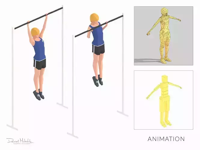 Pullup Exercise Woman Animation Low-poly 3D model