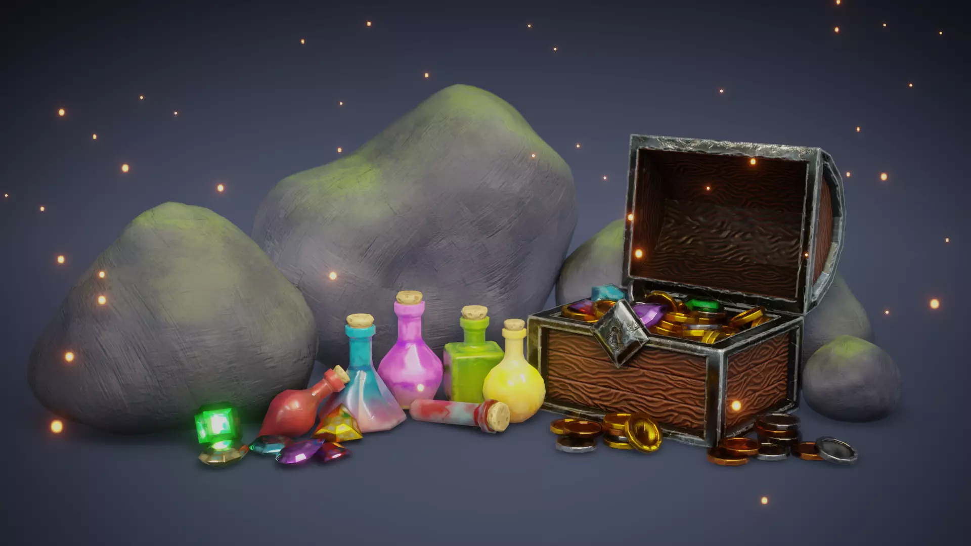 Basic RPG Game Potions and Valuables set Low-poly 3D model_0
