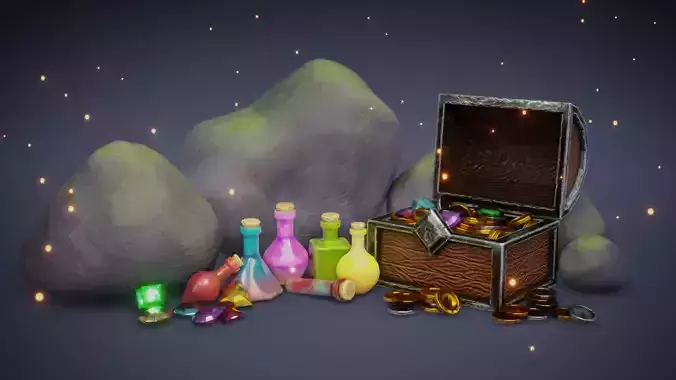 Basic RPG Game Potions and Valuables set Low-poly 3D model