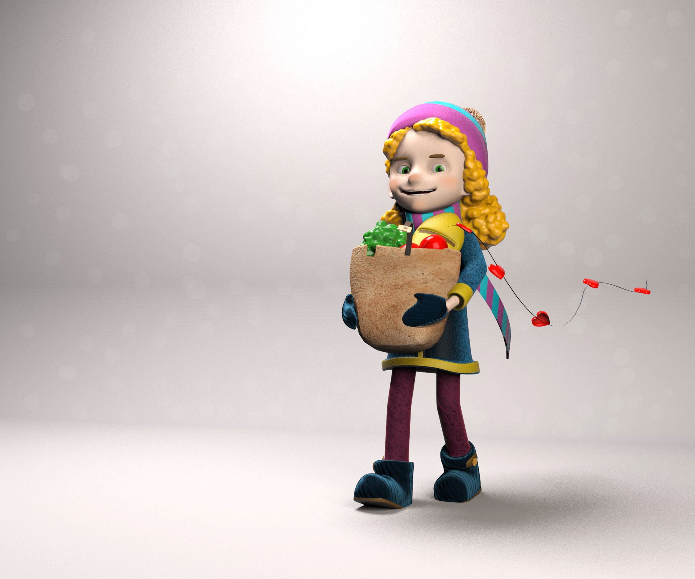 Low poly cute cartoon girl goes from the store with purchases Low-poly 3D model