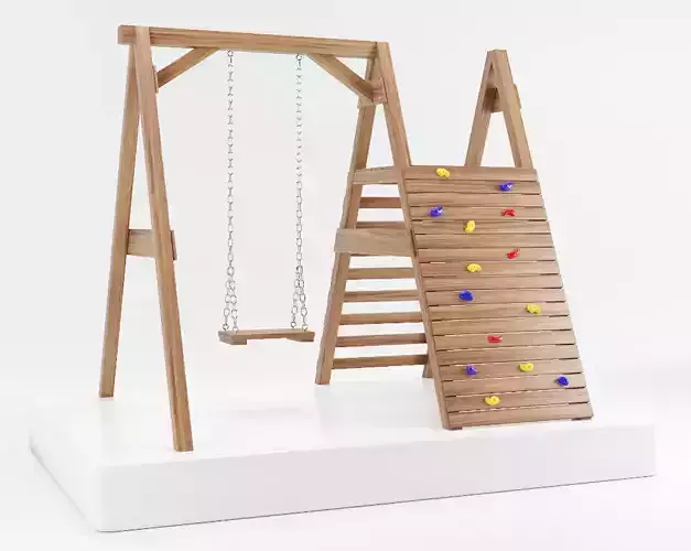 Wooden playground swing with climbing wall