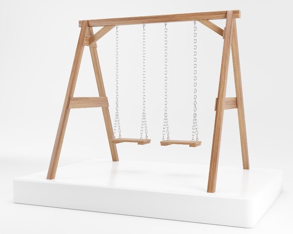 Wooden playground swing with two seats 3D model_2