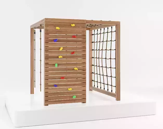 Wooden playground climbing tower with rope