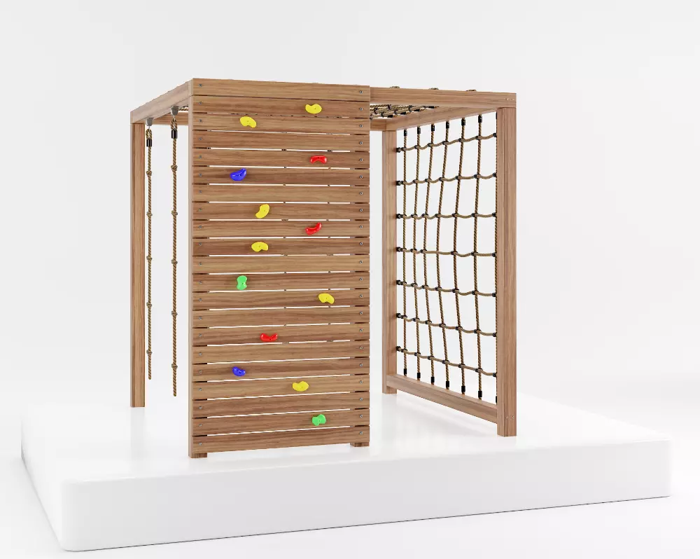 Wooden playground climbing tower with rope 3D model_0