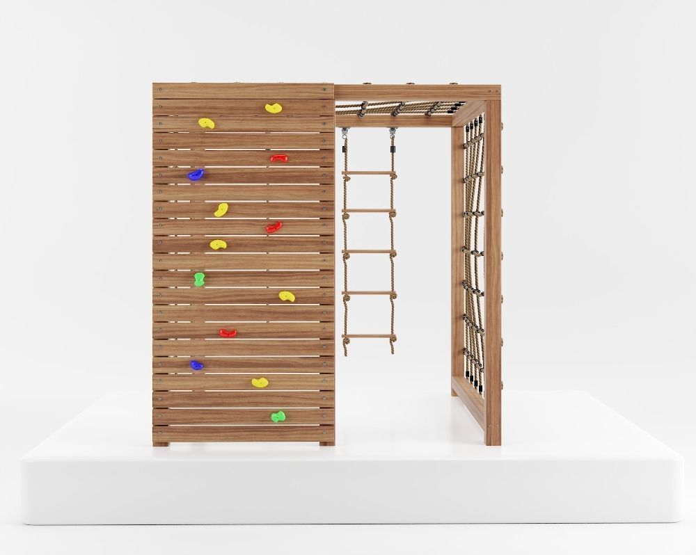 Wooden playground climbing tower with rope 3D model_1