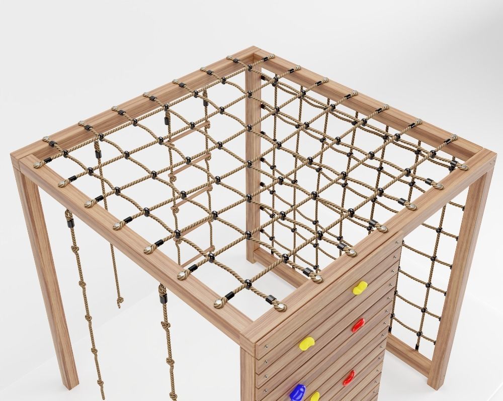 Wooden playground climbing tower with rope 3D model_4