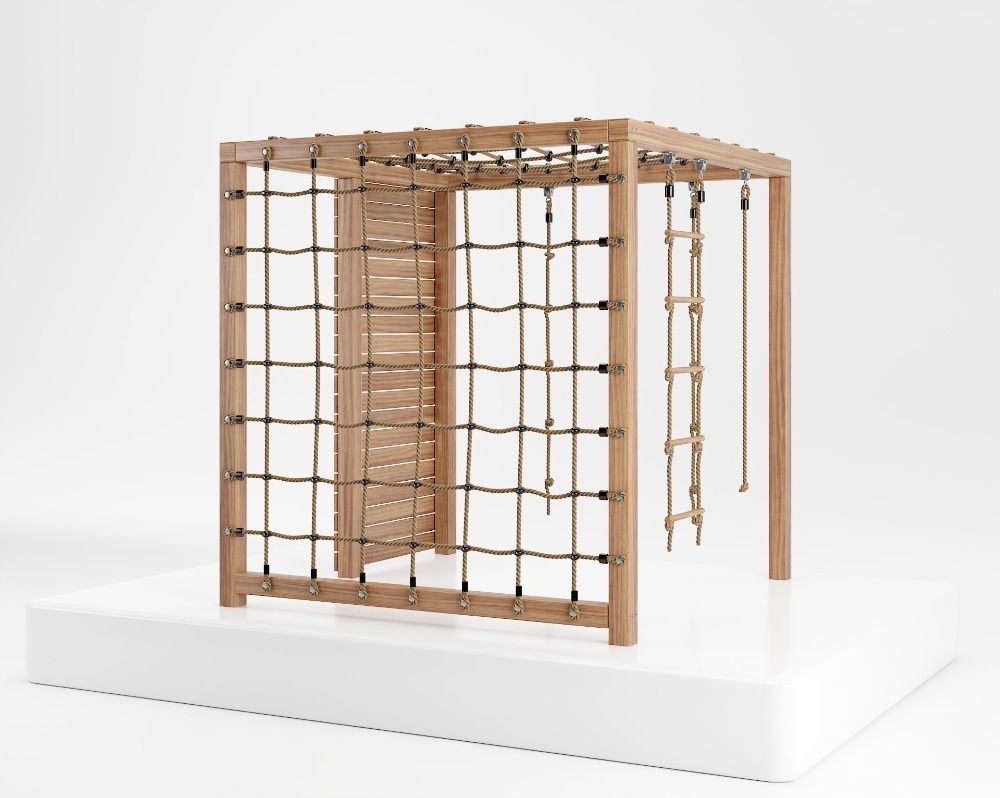 Wooden playground climbing tower with rope 3D model_3