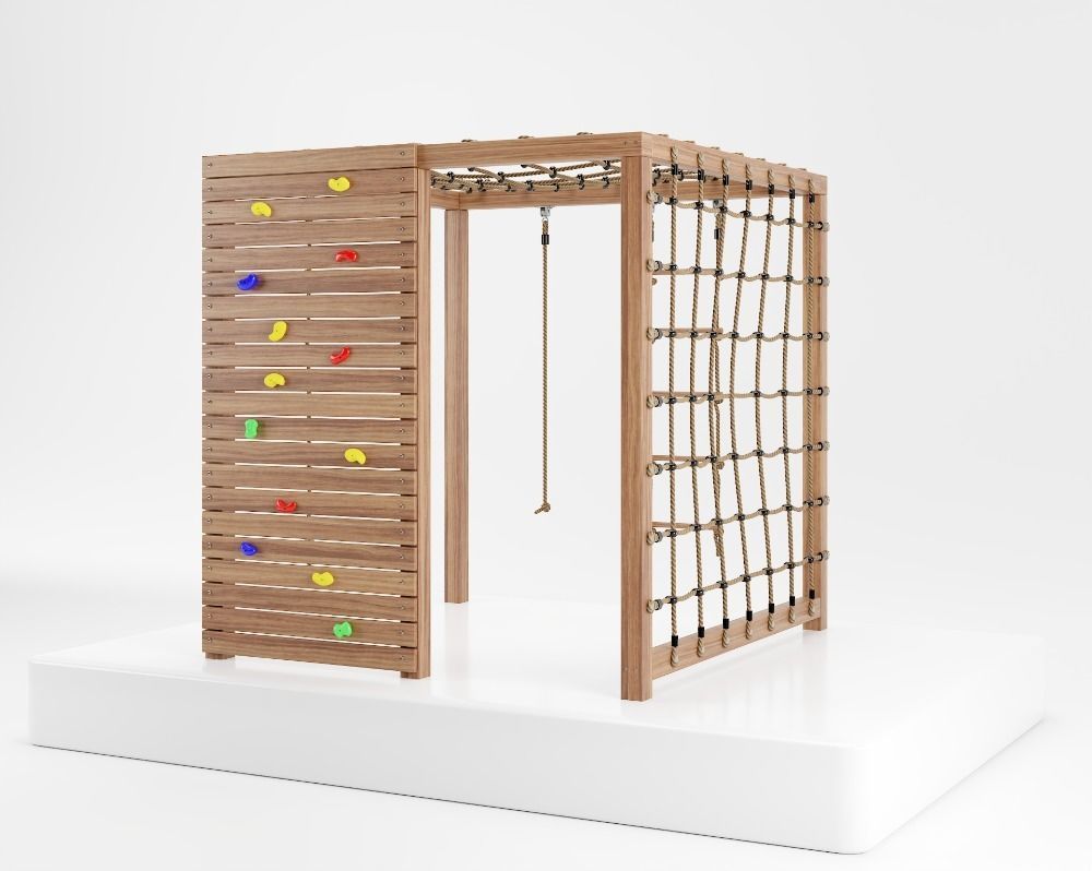 Wooden playground climbing tower with rope 3D model_2
