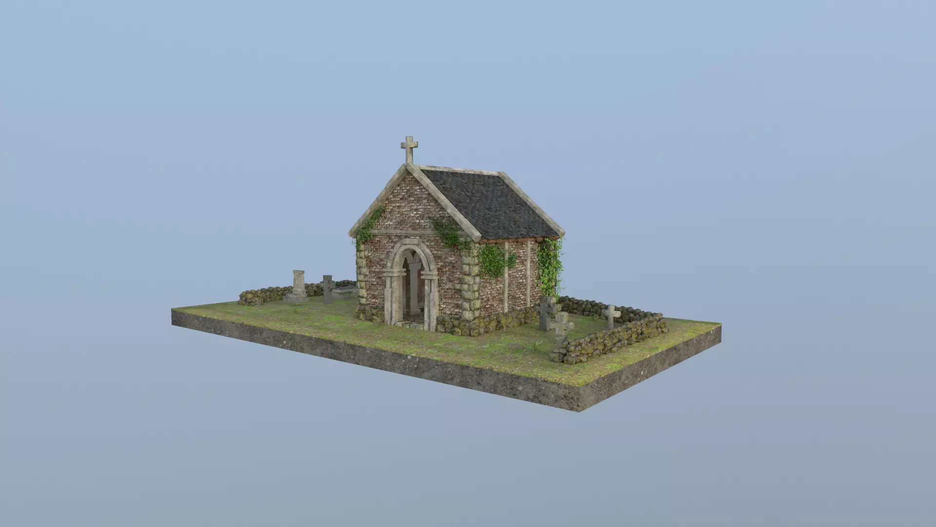 Small Memorial Chapel with cemetary Low-poly 3D model