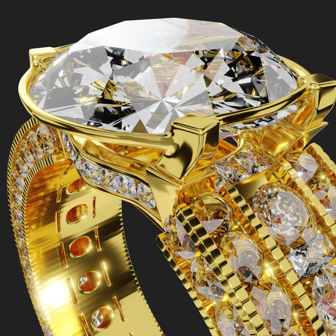 Gold Halo Engagement Ring 3D model_7